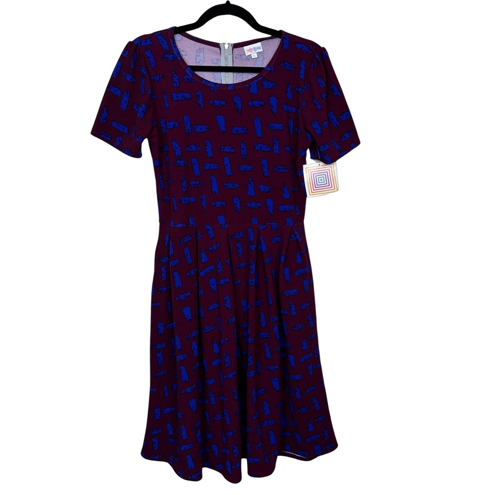 Lularoe Amelia Purple Blue Stretchy Short Sleeve Midi Scoop Neck Drezs NWT Large